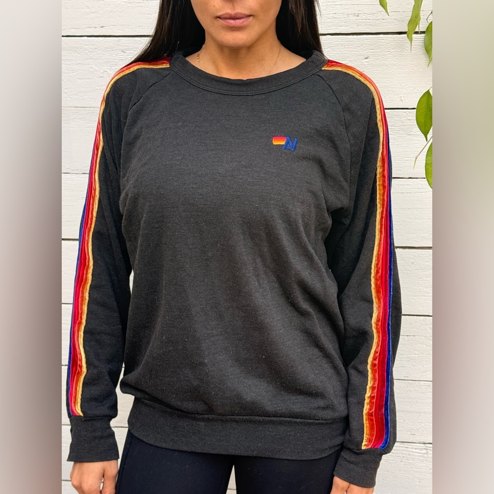 Aviator Nation Black Crewneck with Colorful Stripes